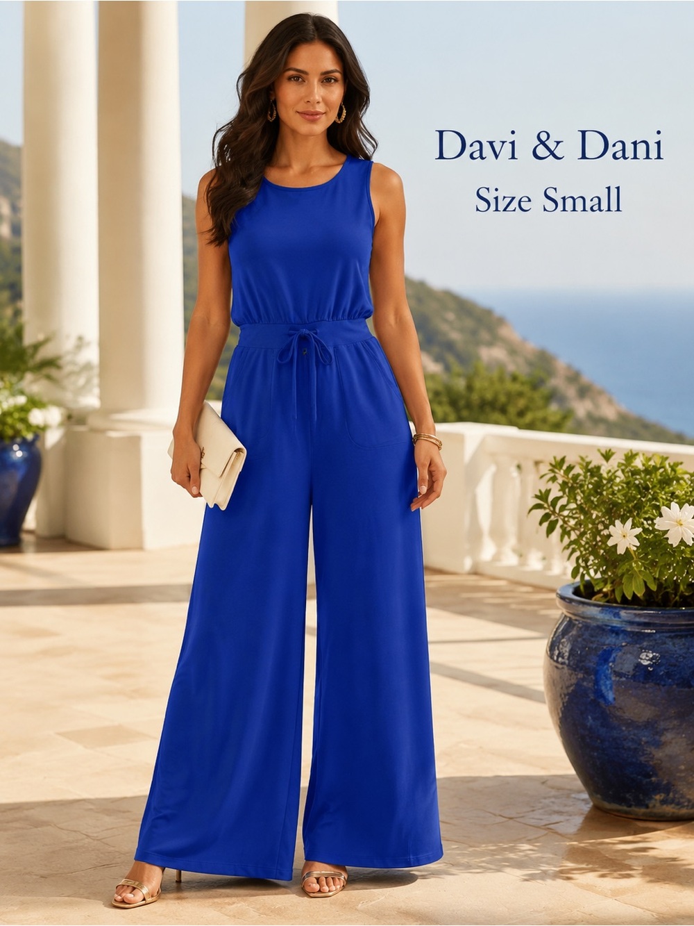 Davi & Dani Small Cobalt Blue Wide Leg Drawstring Waist Jumpsuit